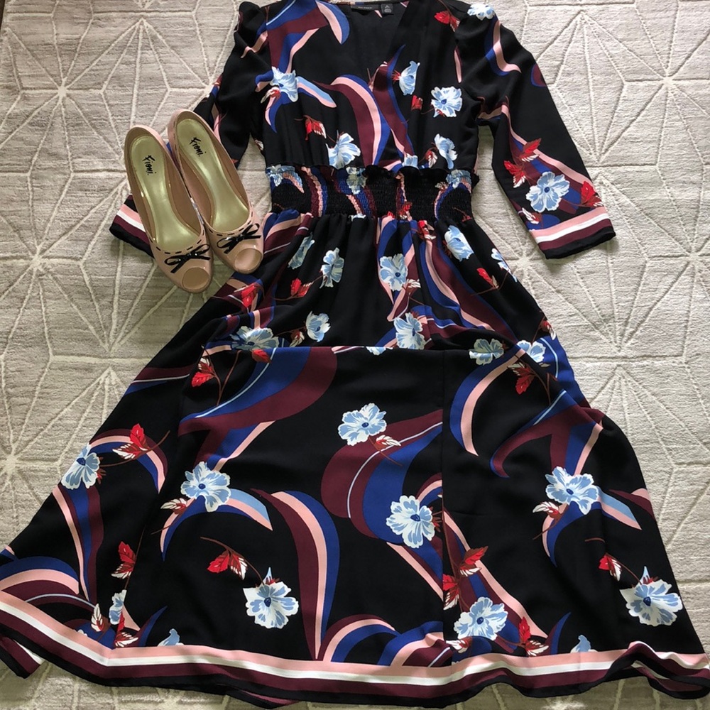 Halogen Black Floral Fit & Flare Midi Dress